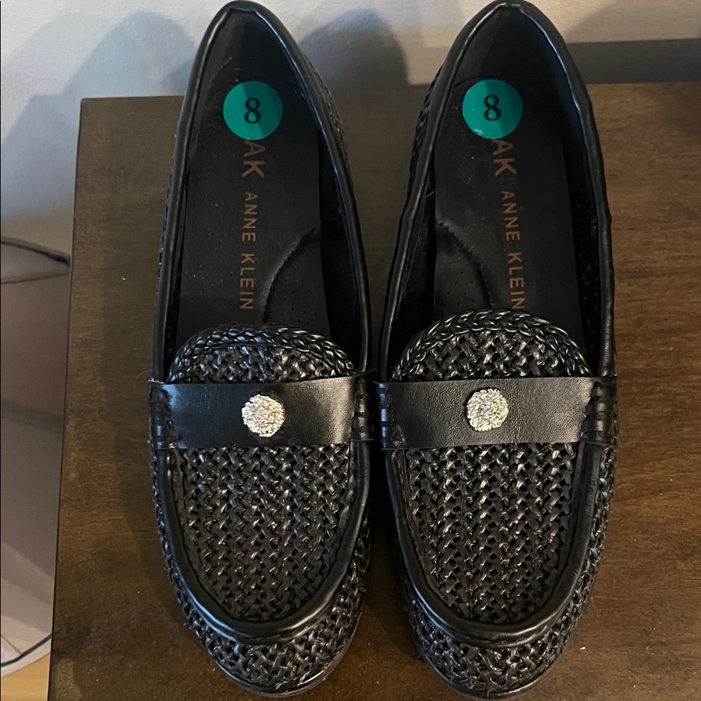 Anne Klein Black Loafers with silver Iconic    Metal Lion Logo